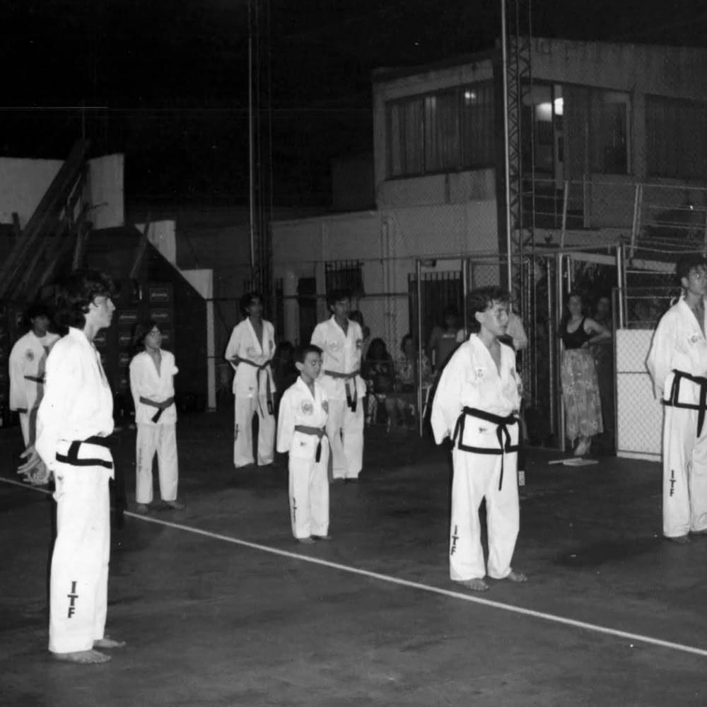 Alumnos de taekwondo formados durante una exhibición de noche
